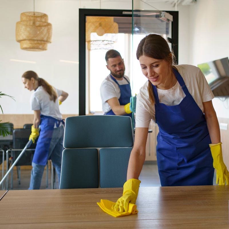 Personal de Multi Limpieza limpiando una mesa de oficina con productos especializados