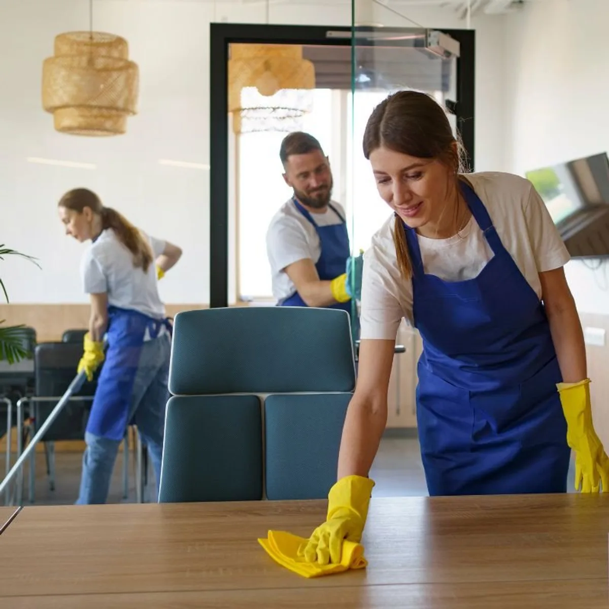 Personal de Multi Limpieza limpiando una mesa de oficina con productos especializados